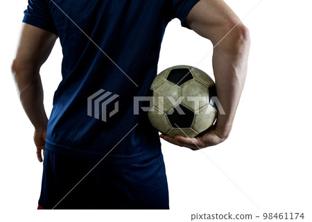 Football player with blue uniform ready to play with soccerball 98461174