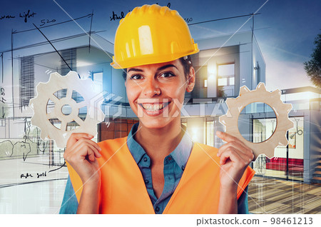 Engineer woman build house and joins pieces of gears as concept of partnership and integration Engineer woman build house and joins pieces of gears as concept of partnership and integration 98461213