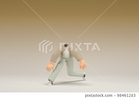 A man with glasses wearing brown cloth.  He is doing exercise.  3d rendering of cartoon character in acting. 98461283