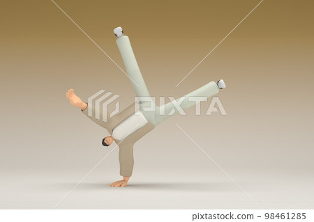 A man with glasses wearing brown cloth.  He is doing exercise.  3d rendering of cartoon character in acting. 98461285