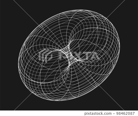 Cyber distorted shape, retro punk design element. Wireframe wave geometry shape on black background. Vector illustration 98462087