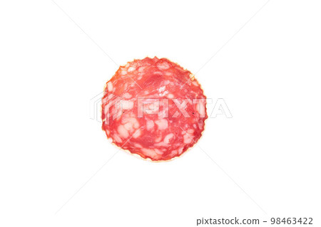 Slices of salami sausage on a white background 98463422