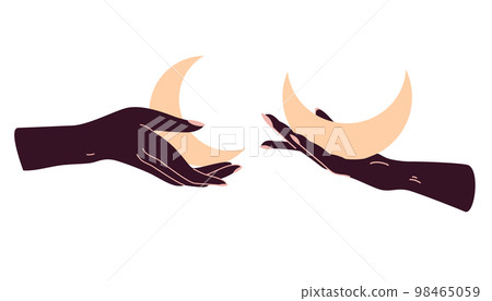 Magical female hands holding the moon set. Alchemy esoteric mystical magic heavenly talisman with a female hand. The object of spiritual occultism. Isolated vector illustration Magical female hands holding the moon set. Alchemy esoteric mystical magic heavenly talisman with a female hand. The object of spiritual occultism. Isolated vector illustration 98465059