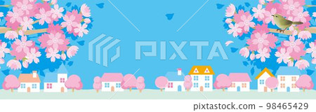 Banner frame spring townscape house sakura cherry blossom landscape background illustration material 98465429