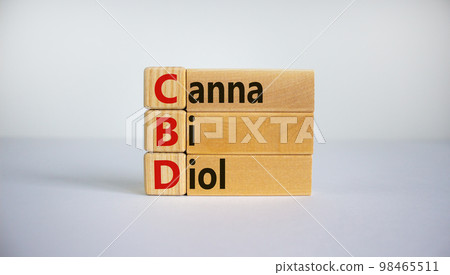 CBD, cannabidiol symbol. Wooden cubes and blocks with words 'CBD, cannabidiol'. Beautiful white background, copy space. Medical and CBD cannabidiol concept. CBD, cannabidiol symbol. Wooden cubes and blocks with words 'CBD, cannabidiol'. Beautiful white background, copy space. Medical and CBD cannabidiol concept. 98465511