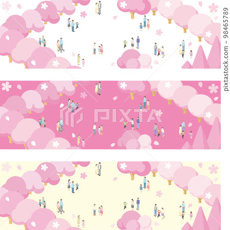 Banner isometric family family cherry blossom viewing spring sakura cherry blossom person frame background illustration 98465789