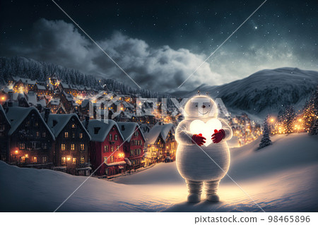 Snowman holding a heart. Valentines day snowman. Winter valentines day background. I love you card 98465896