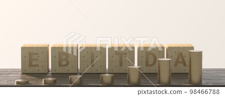 EBITDA word built with letter cubes on white background and stacked coins. 3d illustration 98466788