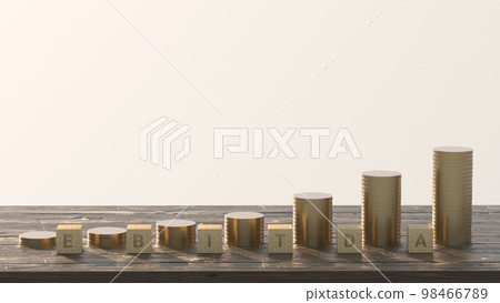 EBITDA word built with letter cubes on white background and stacked coins. 3d illustration 98466789