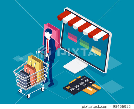 Customers order and buy online. Isometric online store concept Customers order and buy online. Isometric online store concept 98466935