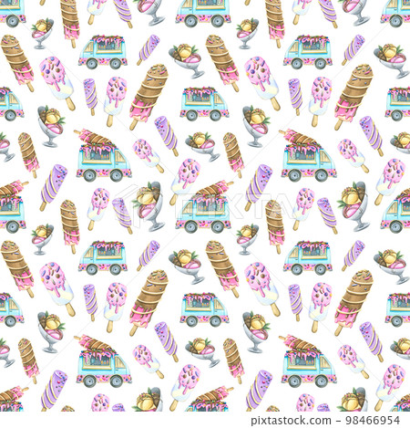 Popsicle ice cream and balls with topping, icing and food truck. Watercolor illustration. Seamless pattern on a white background from the ICE CREAM collection. For design of fabric, packaging 98466954