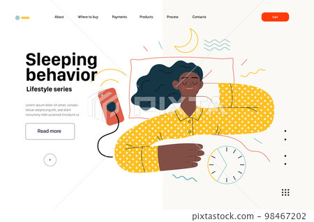Lifestyle web template -Sleeping behaviour -modern flat vector illustration of woman sleeping in her bed showing the benefits of good sleeping habit, eight hours normal sleep People activities concept Lifestyle web template -Sleeping behaviour -modern flat vector illustration of woman sleeping in her bed showing the benefits of good sleeping habit, eight hours normal sleep People activities concept 98467202