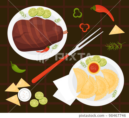 latin american food. Fried pork leg grilled meat and Mexican Empanadas in plate with sauce, fork, chili peppers and lime slices on dark brown background. Vector illustration mexican dishes for design. latin american food. Fried pork leg grilled meat and Mexican Empanadas in plate with sauce, fork, chili peppers and lime slices on dark brown background. Vector illustration mexican dishes for design. 98467746