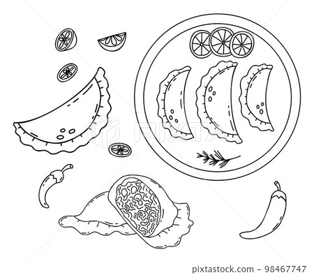 Collection Mexican Empanadas. Appetizing dumplings on plate, broken in half with stuffing. Vector isolated linear drawings mexican food in doodle style. Latin American national dish for design. Collection Mexican Empanadas. Appetizing dumplings on plate, broken in half with stuffing. Vector isolated linear drawings mexican food in doodle style. Latin American national dish for design. 98467747