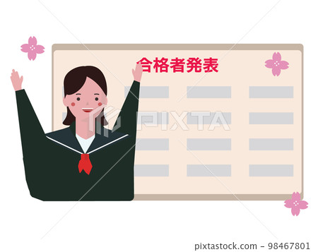 A female student who is pleased with the result announcement. Passing exams, junior high school students, high school students. student who passed the exam. vector illustration A female student who is pleased with the result announcement. Passing exams, junior high school students, high school students. student who passed the exam. vector illustration 98467801