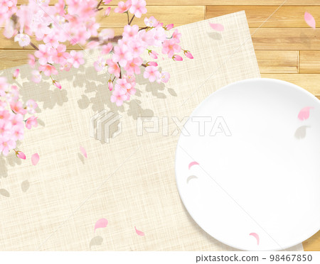 Cherry blossoms and wooden deck with burlap tablecloth and plate frame wallpaper background material 98467850