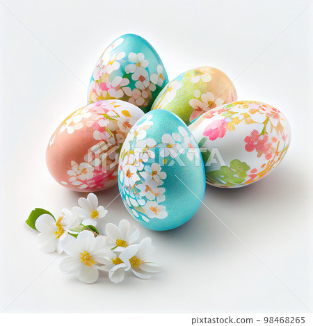 Colorful Easter eggs with cherry blossoms on white background. Design for Easter day. Colorful Easter eggs with cherry blossoms on white background. Design for Easter day. 98468265