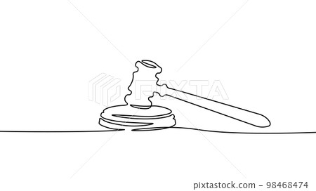 One line continuous judgment lawyer hammer symbol concept. Crime punishment verdict justice system government. Digital mallet legal decision single line sketch drawing vector illustration 98468474