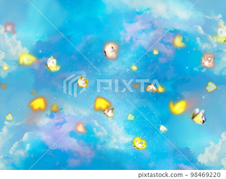 黃色蝴蝶在神秘的外太空中飛舞的夢幻般的背景插圖 黃色蝴蝶在神秘的外太空中飛舞的夢幻般的背景插圖 98469220