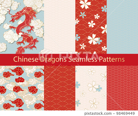 Red Gold Chinese Seamless Patterns Collection with Dragon and Asian Arches Motif 98469449