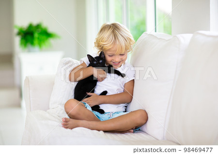 Child playing with baby cat. Kid and kitten. 98469477