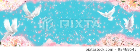 Spring is in full bloom, wide-size background illustration of cherry blossoms in full bloom and white doves symbolizing peace 98469543