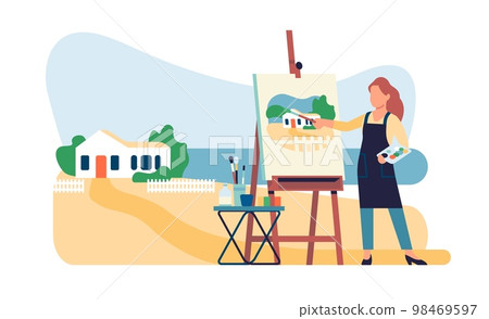 Woman artist paints picture of landscape in nature. Scenic beach panorama painting. Painter with easel canvas and paintbrush. Female drawing outdoor. Creative hobby. Vector concept 98469597