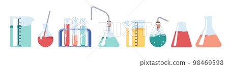 Transparent glassware with chemical reagents. Laboratory test tubes. Medical scientific research. Experiment equipment. Lab measuring beaker. Bottle with dropper. Vector glass flasks set 98469598