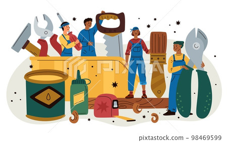 Tiny mechanics. Happy workers team with professional repair tools. Pliers and saw. Wire cutters and fleitz. Workman toolbox. Builders in overalls. Carpentry work. Garish vector concept 98469599