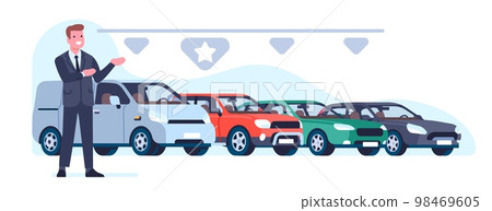 Seller presents cars for sale lease. Businessman selling automobiles. Auto dealer showing transport in dealership salon. Rent vehicle or carsharing. Standing man in suit. Vector concept 98469605