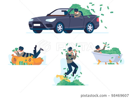 Robber with money. Successful gangster. Wealthy bandit. Banknotes heap. Rich burglar. Financial crime. Happy thief jumping on cash pile or lying in bath with currency. Vector criminal set Robber with money. Successful gangster. Wealthy bandit. Banknotes heap. Rich burglar. Financial crime. Happy thief jumping on cash pile or lying in bath with currency. Vector criminal set 98469607