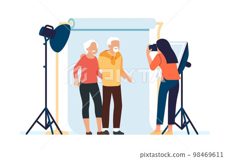 Photographer takes picture of old people. Senior family posing for portrait. Photo studio with professional lighting. Cameraman making snapshots. Photography shooting. Vector concept Photographer takes picture of old people. Senior family posing for portrait. Photo studio with professional lighting. Cameraman making snapshots. Photography shooting. Vector concept 98469611