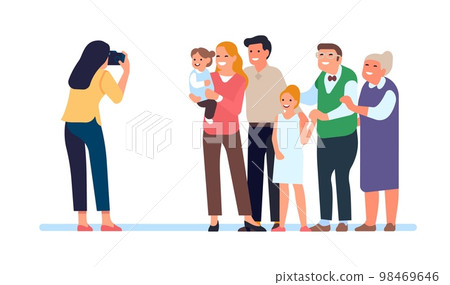 Family poses for group photo. Parents and children portrait. People standing together. Mother and father with kids and grandmother. Photographer with camera doing snapshots. Vector concept Family poses for group photo. Parents and children portrait. People standing together. Mother and father with kids and grandmother. Photographer with camera doing snapshots. Vector concept 98469646