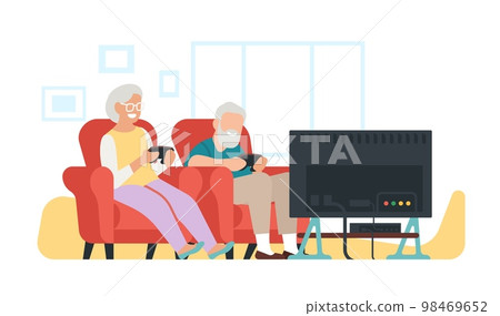 Elderly family playing video games on TV console. Grandma and grandpa relax together at home. Mature people sitting on sofa. Grandparents with video gaming joysticks. Vector concept 98469652