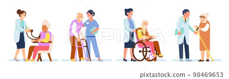 Doctor helps old people. Senior patients assistance. Nurse cares for grandmothers and grandfathers. Grandparents sitting in armchair and walking with cane. Vector happy pensioners set Doctor helps old people. Senior patients assistance. Nurse cares for grandmothers and grandfathers. Grandparents sitting in armchair and walking with cane. Vector happy pensioners set 98469653