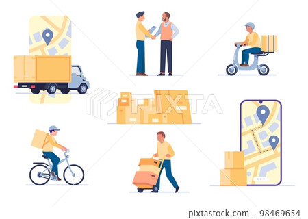 Delivery workers. Courier characters team. Order shipping application. Cardboard boxes stack. Smartphone map navigation. Deliveryman riding bicycle or scooter. Vector cargo shipment set Delivery workers. Courier characters team. Order shipping application. Cardboard boxes stack. Smartphone map navigation. Deliveryman riding bicycle or scooter. Vector cargo shipment set 98469654