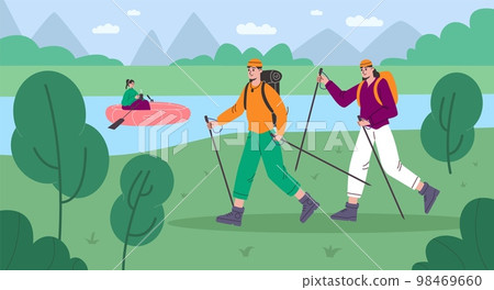 Cartoon people hike. Happy tourists engaged in Scandinavian walking. Outdoor sport activities. Girl in river boat. Travellers couple together in nature. Scenic landscape. Vector concept Cartoon people hike. Happy tourists engaged in Scandinavian walking. Outdoor sport activities. Girl in river boat. Travellers couple together in nature. Scenic landscape. Vector concept 98469660