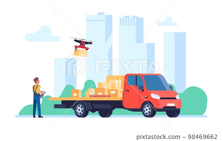 Cargo delivery by quadcopter. Order shipping. Robots fly. Cardboard parcel boxes modern aerial distribution. Express delivering service. Courier in uniform. Freight shipment. Vector concept Cargo delivery by quadcopter. Order shipping. Robots fly. Cardboard parcel boxes modern aerial distribution. Express delivering service. Courier in uniform. Freight shipment. Vector concept 98469662