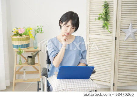 A disabled woman on a wheelchair who worries while using a computer at home A disabled woman on a wheelchair who worries while using a computer at home 98470260