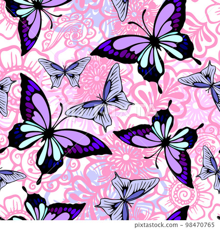 seamless pink and white floral graphic pattern with purple butterflies, texture, design seamless pink and white floral graphic pattern with purple butterflies, texture, design 98470765