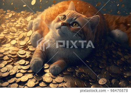cat billionare in a lot of coins illustration generative ai 98470878