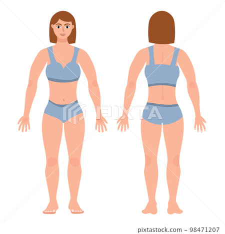 Cute sporty woman body silhouette , whole-length female character in underwear in flat style in front and back. 98471207