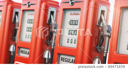 Row of vintage fuel pumps on gas pump station. Row of vintage fuel pumps on gas pump station. 98471839
