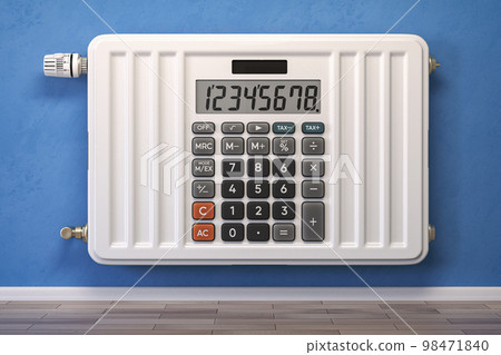 Heating radiator in form of calculator. Saving in heating, calculation energy costs and energy crisis concept. Heating radiator in form of calculator. Saving in heating, calculation energy costs and energy crisis concept. 98471840