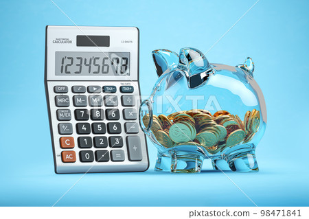 Piggy bank with coins and calculator. Savings, investment and accounting business concept. Piggy bank with coins and calculator. Savings, investment and accounting business concept. 98471841