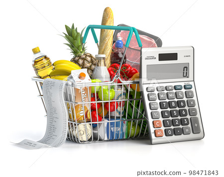 Shopping cbasket full of grocery food with receipt and calculator isolated on white. Home budget, savings, inflation and consumerism concept. 98471843