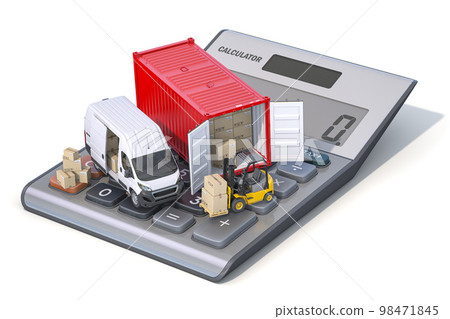 Calculating od delivery shipping and transportation costs. Van with cardboard boxes and shipping container on calculator. Calculating od delivery shipping and transportation costs. Van with cardboard boxes and shipping container on calculator. 98471845