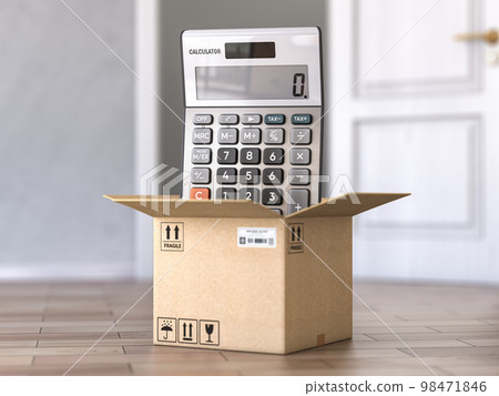 Calculating of delivery and shipping costs concept.Calculator and cardboard box in front of open door. Calculating of delivery and shipping costs concept.Calculator and cardboard box in front of open door. 98471846