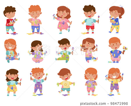 Kids Painters with Paint Splashes, Blobs and Brush Big Vector Set Kids Painters with Paint Splashes, Blobs and Brush Big Vector Set 98471998