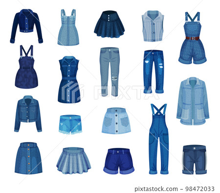 Denim and Jeans Clothes as Female Dress and Wear Big Vector Set 98472033